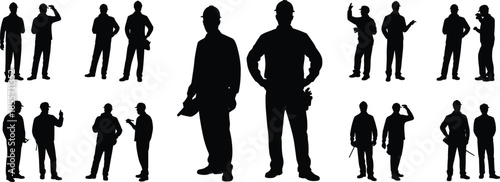 Construction worker silhouette set showing teamwork poses, industrial labor safety concepts, builder profiles isolated on white background illustration