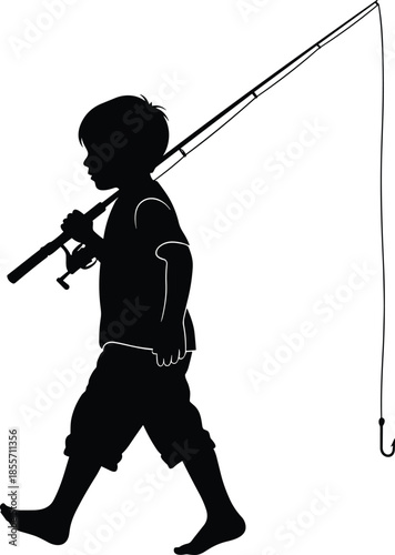 Child silhouette illustration, fishing rod icon, outdoor leisure design, playful figure art, casual activity symbol, nature adventure graphic
