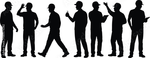Construction worker silhouettes showing communication, teamwork, safety discussion, inspection, and coordination activities, industrial labor concept isolated on white background