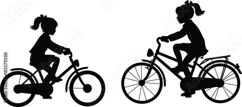 Children bicycle silhouette, girl rider vector, kids cycling icon, family activity design, outdoor sport, childhood play, ponytail bike rider