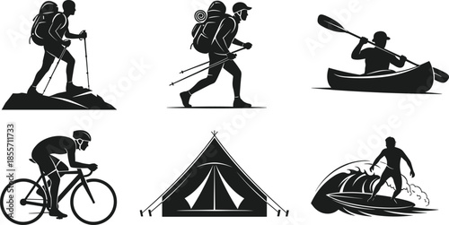 Outdoor adventure sports silhouettes set with hiking trekking kayaking cycling camping surfing activities, exploration lifestyle icons illustration collection