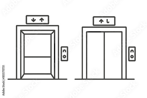 Elevator doors with directional arrows and call button