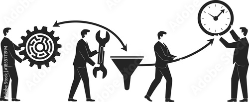 Worker silhouettes carrying boxes and tools showing labor, logistics, construction tasks, teamwork, manual work activities isolated on white background