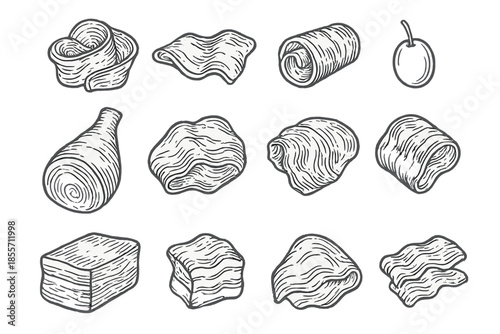Collection of Hand-Drawn Pasta Shapes and an Olive