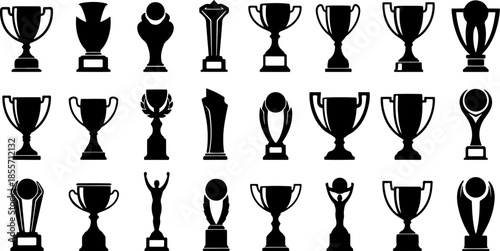 Large collection of black trophy and award silhouettes in various shapes and styles isolated on white background for sports competition achievement and success icons.