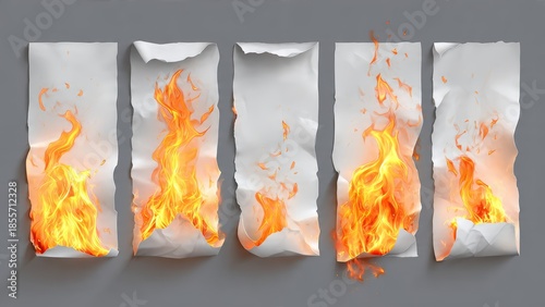 Five sheets of paper burning with bright orange flames on a gray background