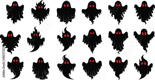 Collection of terrifying dark ghost silhouettes with glowing red eyes and wispy, fiery shapes, perfect for Halloween, horror, spooky designs, and frightening holiday decorations.
