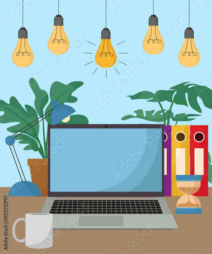 Office work space light bulb laptop folders lamp hourglass coffee mug room plant