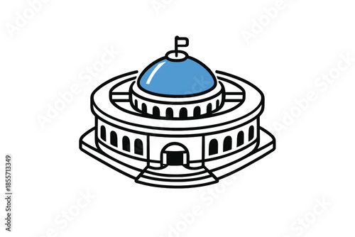 Abstract Building with Blue Dome and Flag