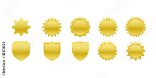 Set of ten gold metallic badge and shield shapes isolated on transparent background