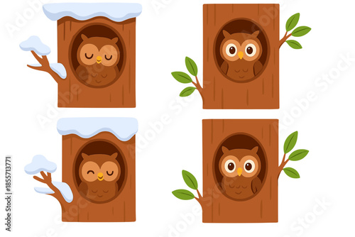 Cute Cartoon Owls in Tree Hollows with Snow and Leaves