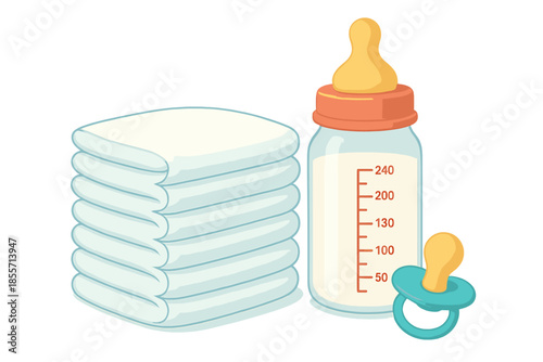 Baby Essentials: Stack of Diapers, Milk Bottle, and Pacifier