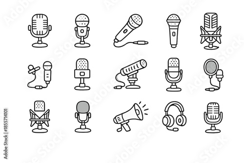 Microphone and Audio Recording Equipment Doodle Icon Set