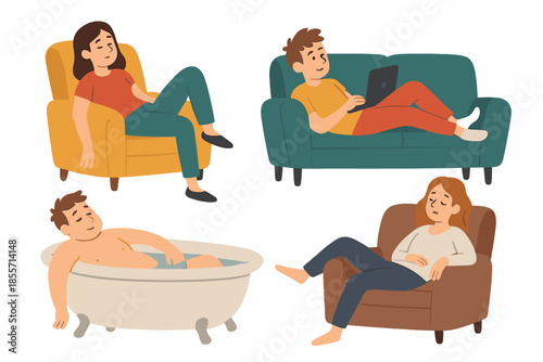 Diverse people relaxing and unwinding at home