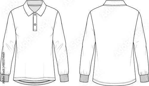 Long sleeve polo shirt technical fashion flat showing front back views, casual menswear apparel, cad drawing flat vector illustration
