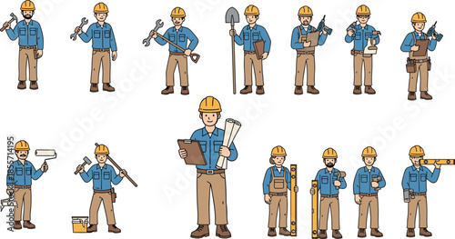 Construction worker characters set showing tools, equipment, safety helmets, professional poses, building industry jobs illustration isolated on white background