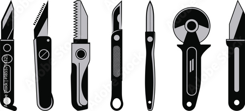 Collection of various utility knives and cutters, including box cutters, craft knives, and a rotary blade, symbolizing construction, maintenance, hobby, and craft tools.