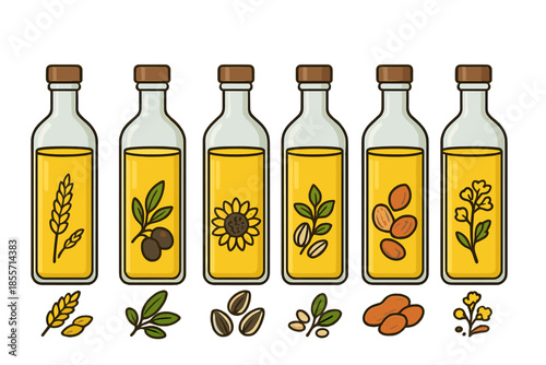 Set of six bottles of cooking oils with plant ingredients