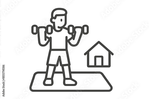 Person exercising at home with weights and a house icon
