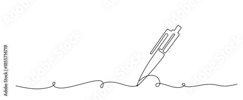 Simple continuous line art drawing of a ballpoint pen on a clean white background