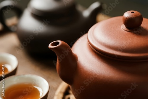 Wallpaper Mural Close-up of a traditional clay teapot with tea cups on a wooden surface Torontodigital.ca