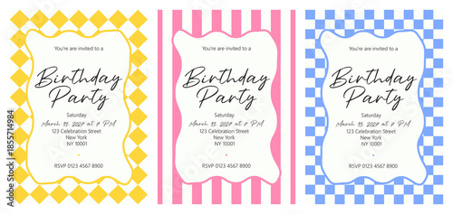 Colorful bright multi-colored modern Birthday invitation sets with diamond, striped, checkerboard backgrounds, templates; yellow, pink, and blue colors; cute simple vector illustration, flat style