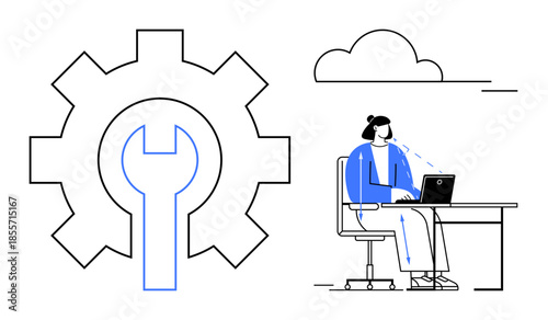 Remote work concept. Remote work ed by a woman using a laptop, gear technical support and cloud storage solutions. Remote work for productivity, tech solutions, and innovation. For IT, office work