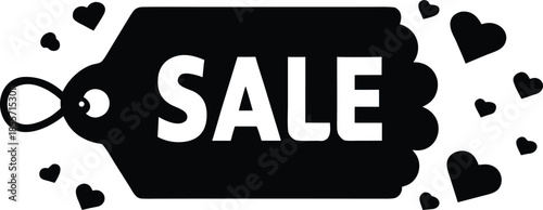 Promotional sale tag adorned with small hearts indicating special offers and discounts
