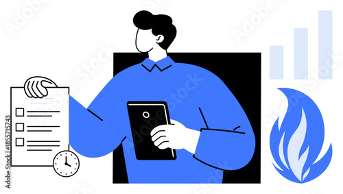 Task management. Man holding a checklist and tablet in a professional setting. Features time tracking, analytics, and productivity improvement. Ideal for project management, workflow planning