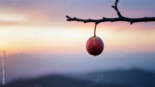 Single fruit hanging from bare branch against twilight sky in serene mountain landscape