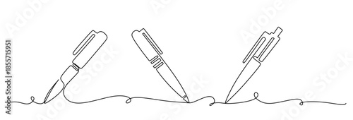 Simple continuous line art drawing of a ballpoint pen on a clean white background