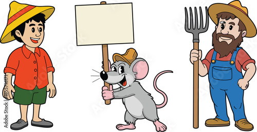 Cute cartoon farmer characters with pitchfork and straw hat, happy mouse holding blank signboard, organic agriculture and rural life vector illustrations.