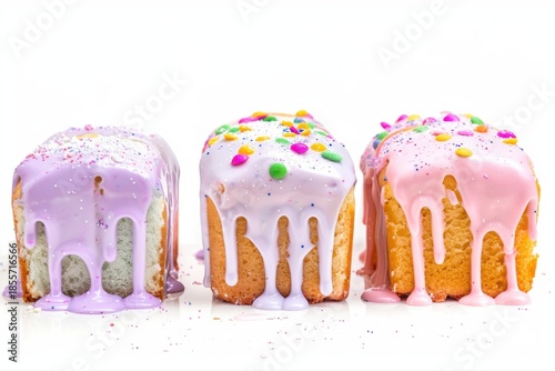 Vibrant pastel mini loaves colorful sprinkles dripping icing Sweet dessert on transparent background