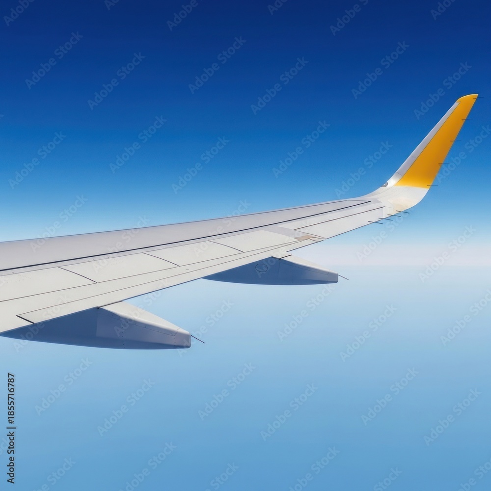 Obraz premium Airplane wing, partially in frame, extending against brilliant azure sky, above the clouds