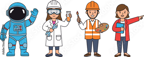 Set of cute cartoon professional characters including astronaut, scientist, painter, and teacher, flat vector illustration isolated on white background, SEO.