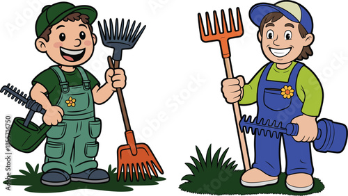 Cute gardener boy characters wearing overalls and caps, holding rakes and garden tools, landscaping and backyard maintenance flat vector illustrations.