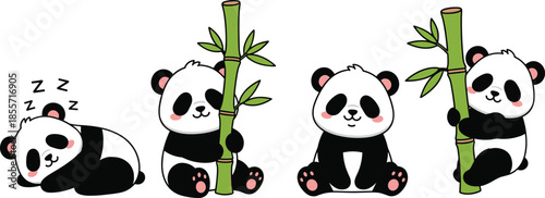 Cute panda cartoon illustration set, sleeping eating bamboo hugging vector, playful animal artwork, whimsical design, adorable wildlife artwork