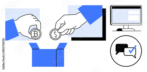 Hands placing Bitcoin and dollar coins into a box, computer screen showcasing digital interaction, chat bubble with checkmark. Ideal for investments, crowdfunding, digital economy, crypto use