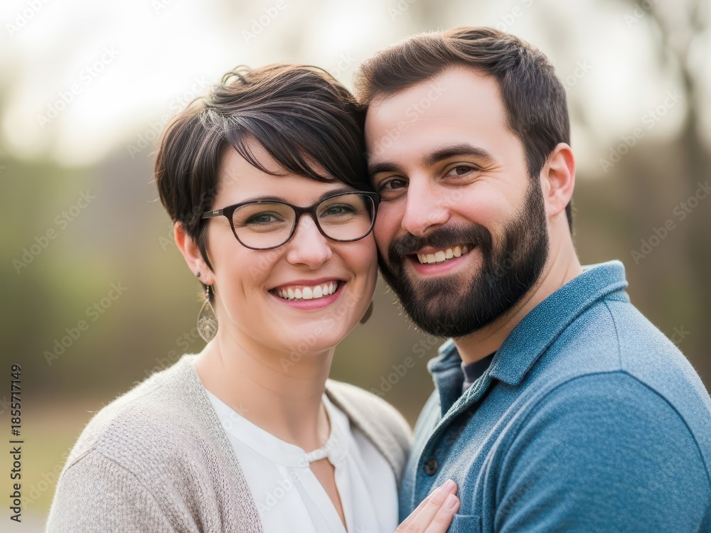 Obraz premium Smiling couple embracing and looking at camera in outdoor setting