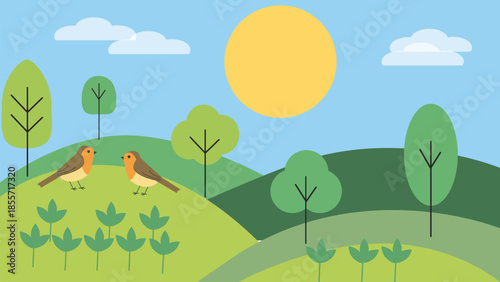 Spring landscape with sparrows