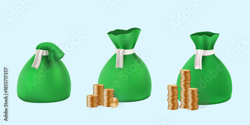 3d money bag full of coins, open sack with gold floating. Million dollar cash casino prize, invest budget concept. Bank bill bonus, treasure investment. Realistic reward bonus, finance value render