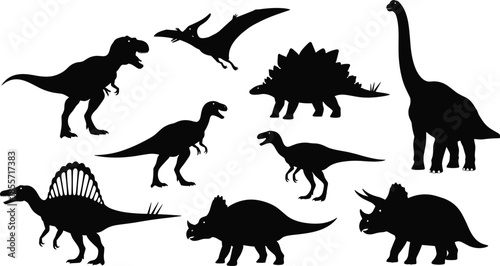 Dinosaur silhouette set, prehistoric animal icons, Tyrannosaurus rex, Stegosaurus plates, Triceratops horns, Brachiosaurus long neck, Velociraptor, 