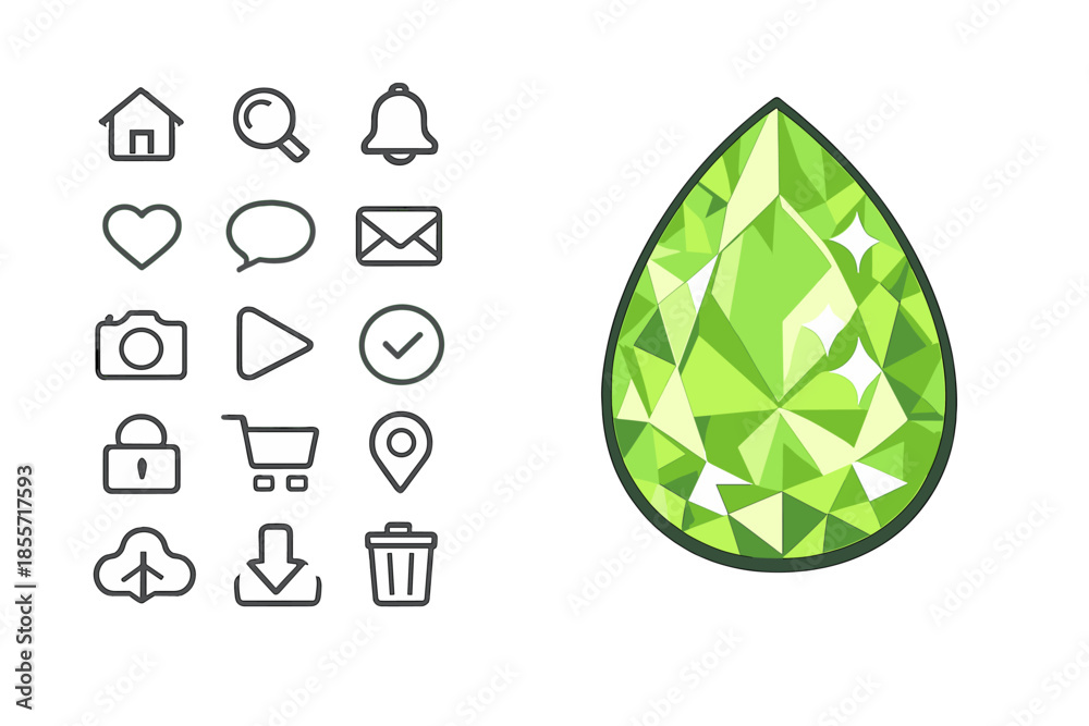 Fototapeta premium Green Gemstone and UI Icons