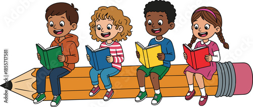 Diverse group of happy, young schoolchildren sitting on a giant pencil and reading books, illustrating education, literacy, learning, knowledge, and back to school concepts for children's design.
