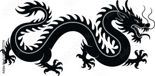 Dragon silhouette vector, mythical beast design, fantasy artwork illustration, Eastern cultural icon, powerful creature graphic, fire breathing symbol