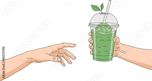 Cartoon vector illustration showing one hand reaching out to receive a plastic cup of green matcha or vegetable smoothie being handed over by another hand, symbolizing purchase or service.