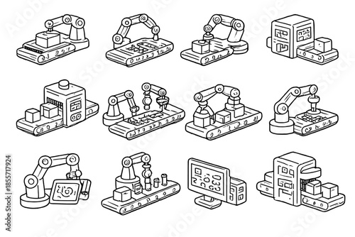 Isometric Industrial Robot Arm Conveyor Belt Icons