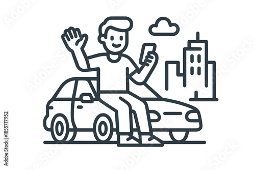 Man sitting on car hood waving and holding phone with city background