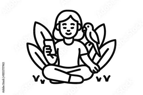 Person holding a phone in a lotus pose with a bird perched on their shoulder