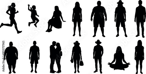 Large Collection of Diverse People Silhouettes Including Men Women Children Jogging Sitting Standing Meditating and Couples for Flat Vector Design